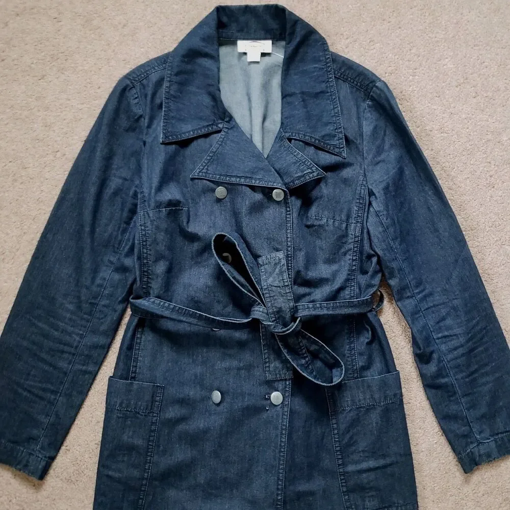 Vintage 90s Talbots Denim Trench Coat Jacket Belted Double Breasted Pockets Sz 6